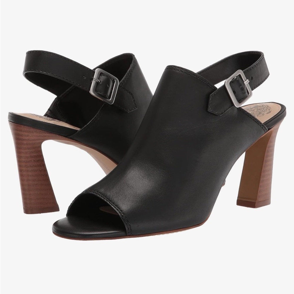 Vince Camuto Landam Black Leather Slingback Peep Toe Heeled Sandals Size 7M
